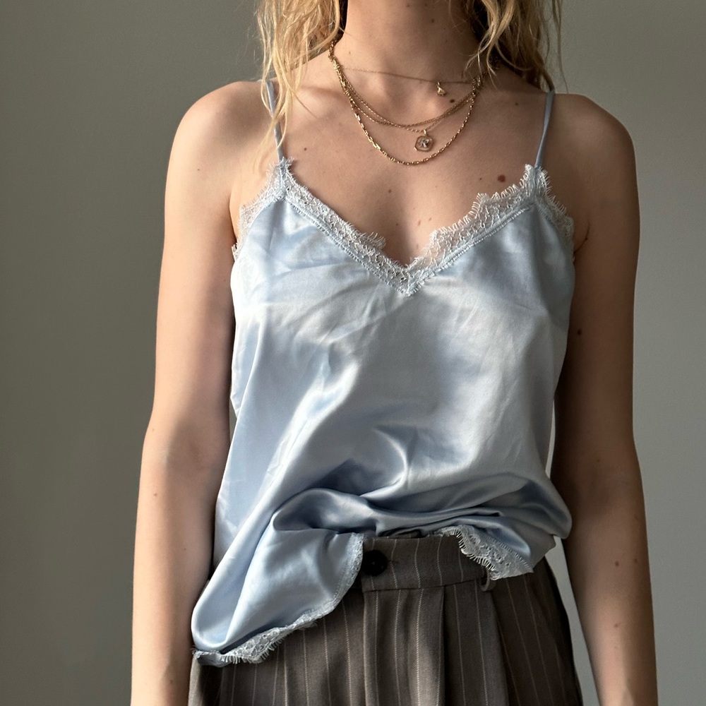 Chelsea28 silk like top with lace trim